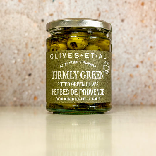 Firmly Green Pitted Olives with Herbes de Provence.