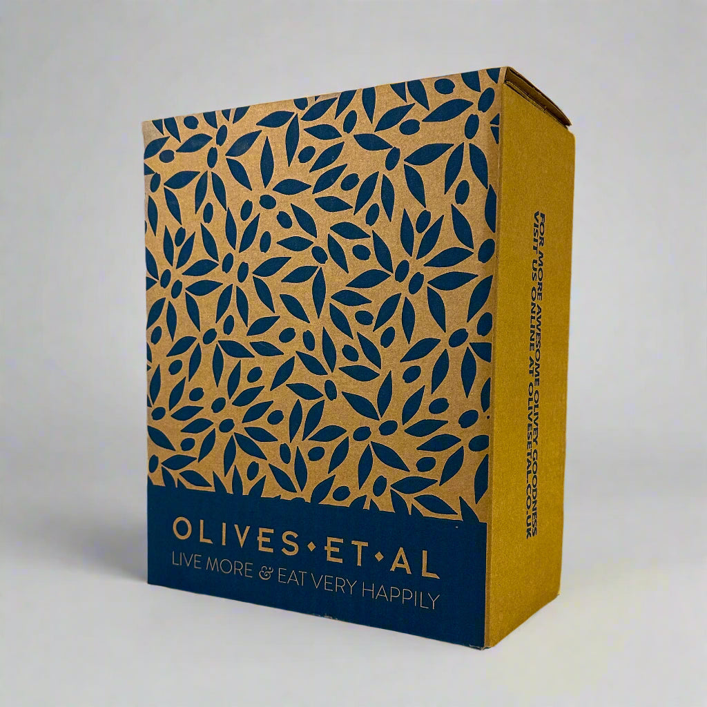 Cardboard bag in box of Olives with blue leaf pattern and 'Olives Et Al' branding on a white background