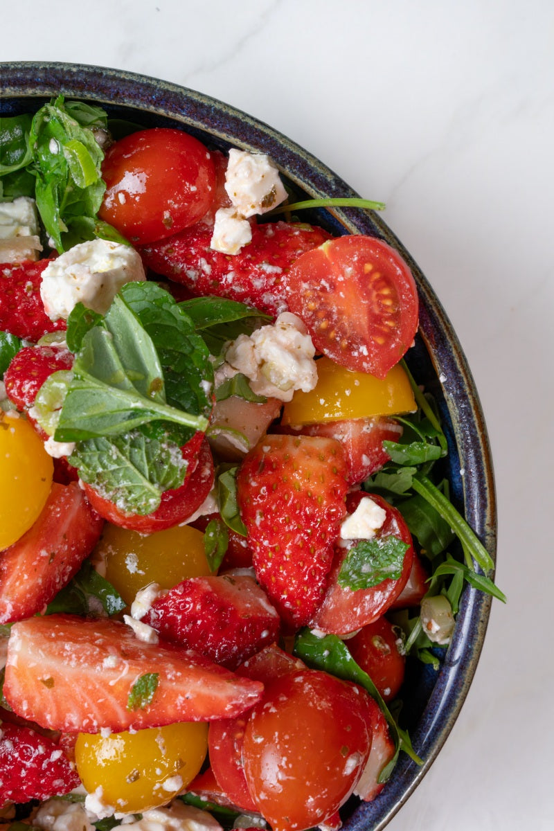 Strawberry, Tomato & Feta Salad with Raspberry & Mint Dressing
