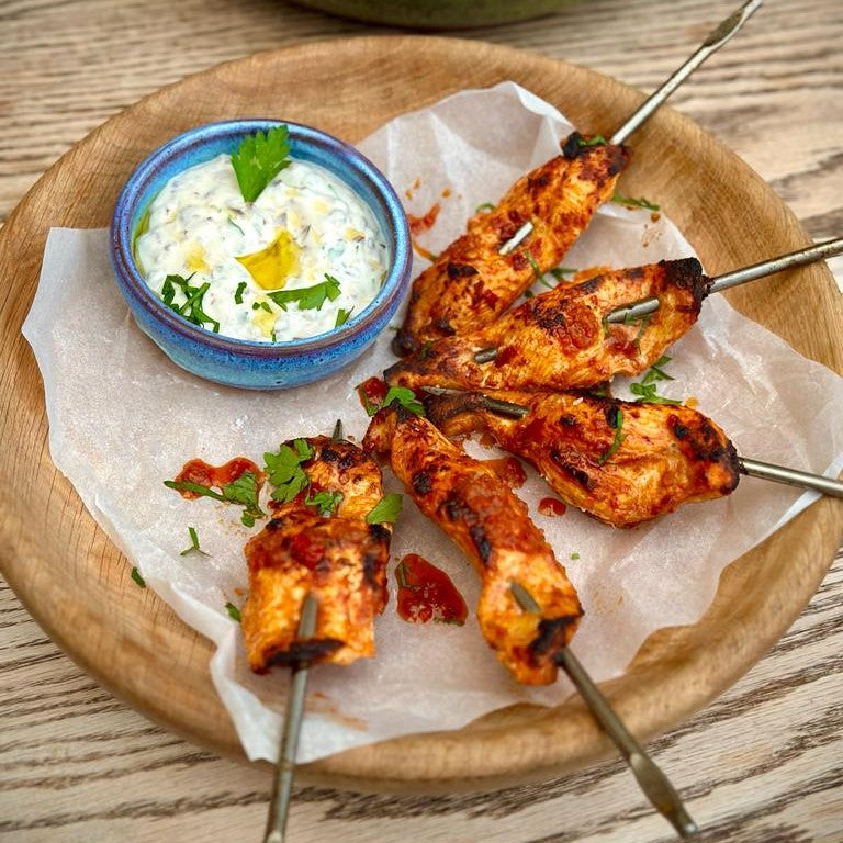 Harissa Chicken Skewers with Olive Mayonnaise