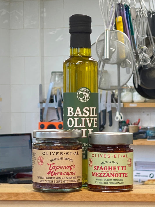 Bottle of Basil Olive Oil with a Jar each of Tapenade and Mezzanotte sauce