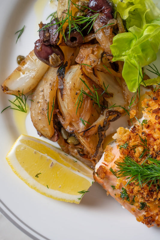Mezzanotte Salmon with Braised Fennel & Olives
