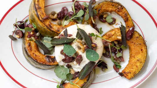 Souvlaki Roast Squash with Kalamata Olives & Burrata