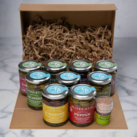 A selection of Olives Et Al best selling Olives in a gift box.