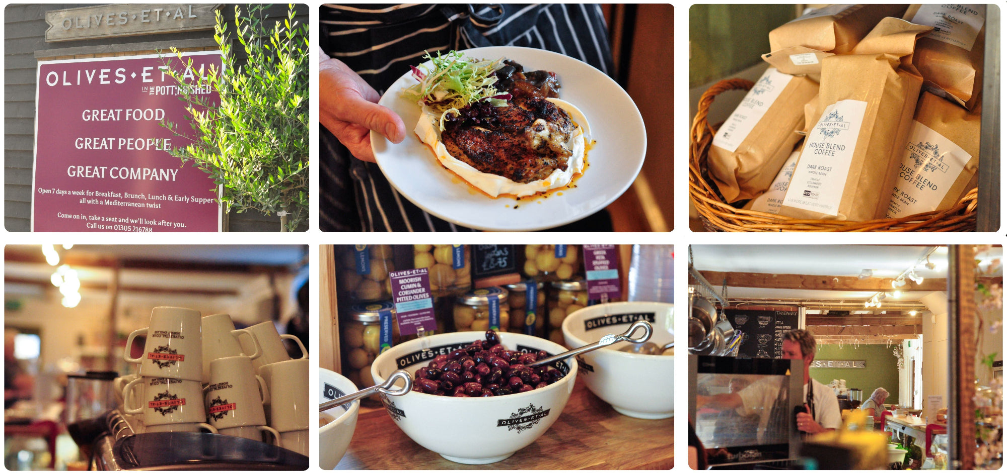 Collage of images featuring Olives Et Al products and settings.