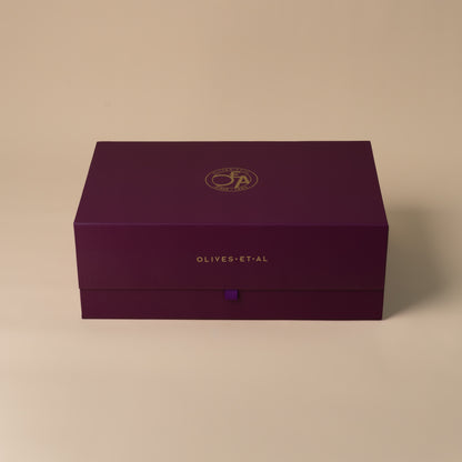 Large purple Olives Et Al gift hamper box and ribbon detail