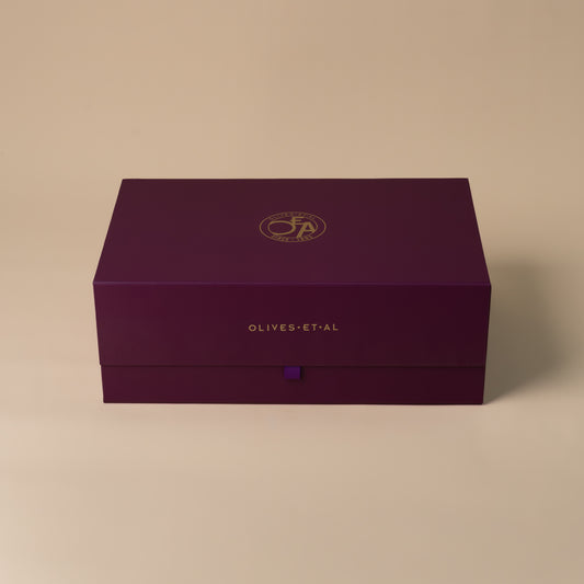 Large purple Olives Et Al gift hamper box and ribbon detail