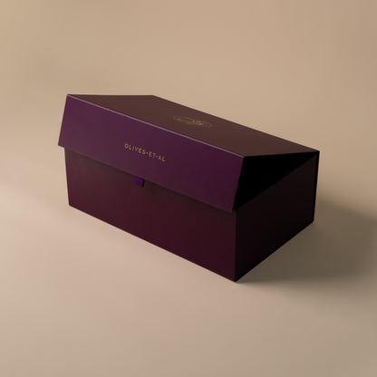 Large purple Olives Et Al gift hamper box presentation detail