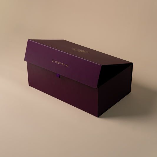 Large purple Olives Et Al gift hamper box presentation detail