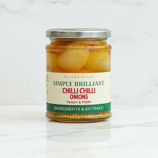 Jar of 'Simply Brilliant Chilli Pickled Onions' on a white background