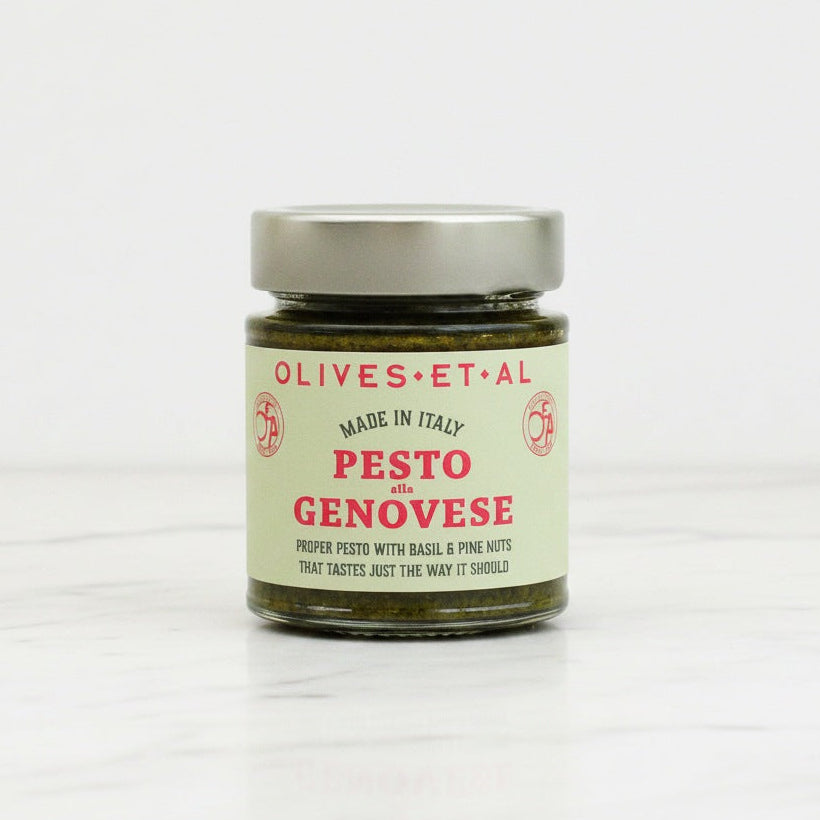 Jar of Olives Et Al Pesto alla Genovese on a white background