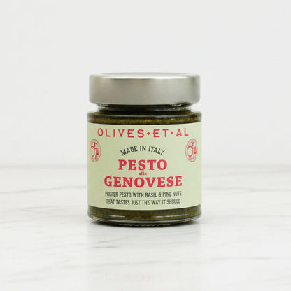 Jar of Olives Et Al Pesto alla Genovese on a white background