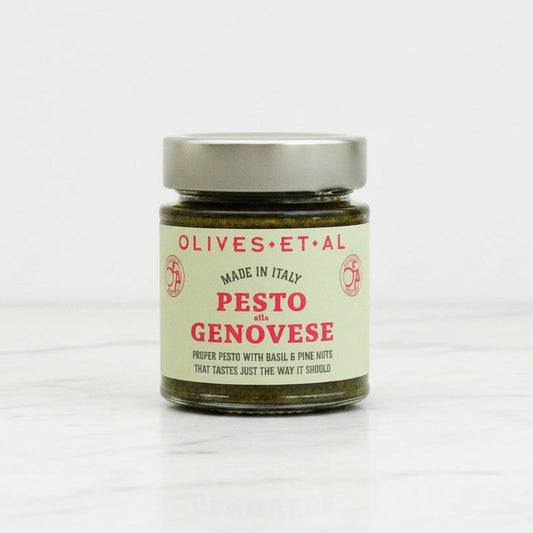 Jar of Olives Et Al Pesto alla Genovese on a white background