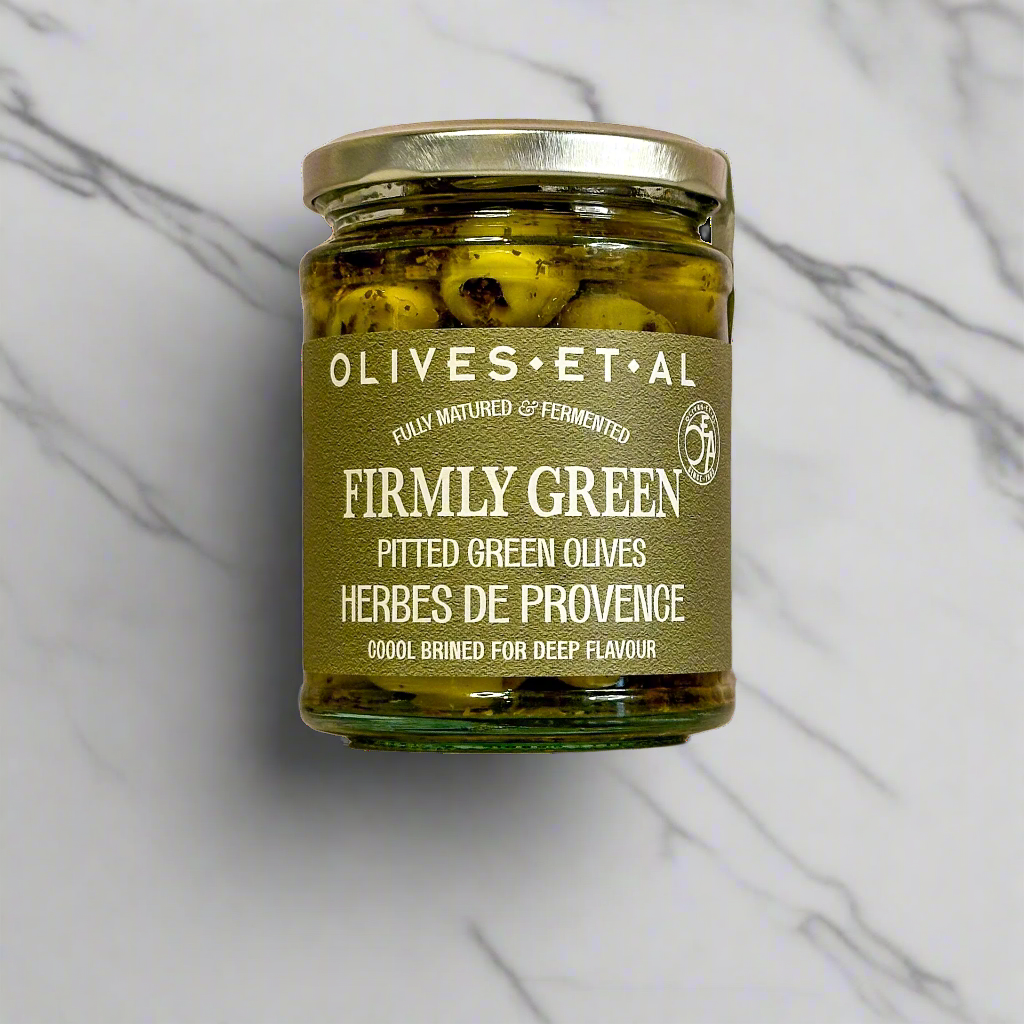 Jar of Firmly Green Pitted Olives with Herbes de Provence.
