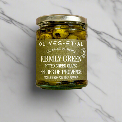 Jar of Firmly Green Pitted Olives with Herbes de Provence.
