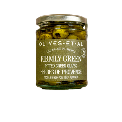 Firmly Green Pitted Olives with Herbes de Provence.