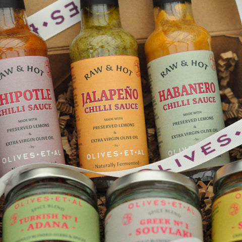 Assorted chilli sauces from Olives Et Al in a box