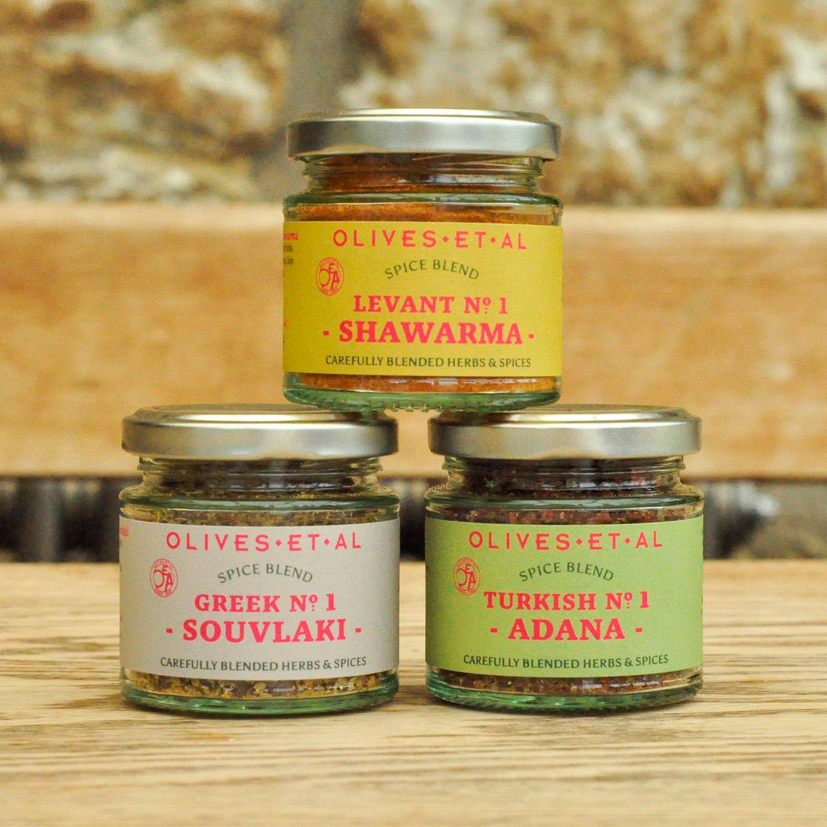 Jars of Shawarma, Souvlaki and Adana spice blends