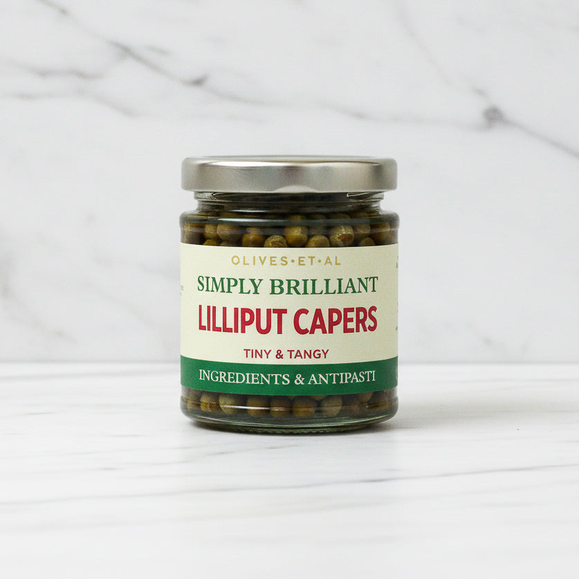 Jar of Simply Brilliant Lilliput Capers on a white background