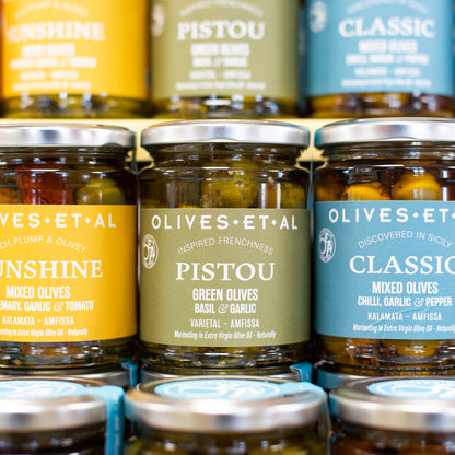Pistou Basil & Garlic Whole Olives in Extra Virgin Olive Oil
