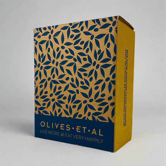 Cardboard bag in box of Olives with blue leaf pattern and 'Olives Et Al' branding on a white background