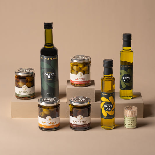 Olives & Olive Oil Hamper with three olive oils, four jars of olives and Signature Olive Picks