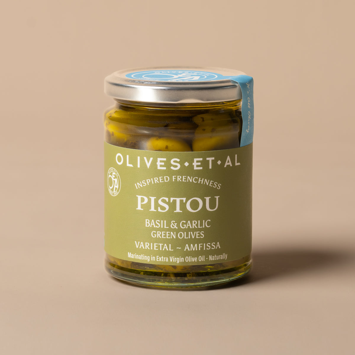 Pistou Basil & Garlic Whole Olives in Extra Virgin Olive Oil - Olives Et Al