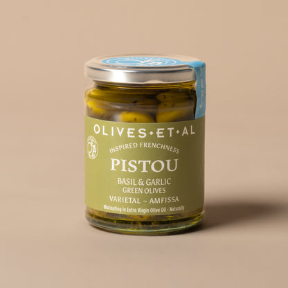 Pistou Basil & Garlic Whole Olives in Extra Virgin Olive Oil - Olives Et Al