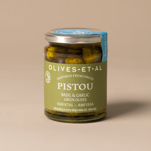 Pistou Basil & Garlic Whole Olives in Extra Virgin Olive Oil - Olives Et Al