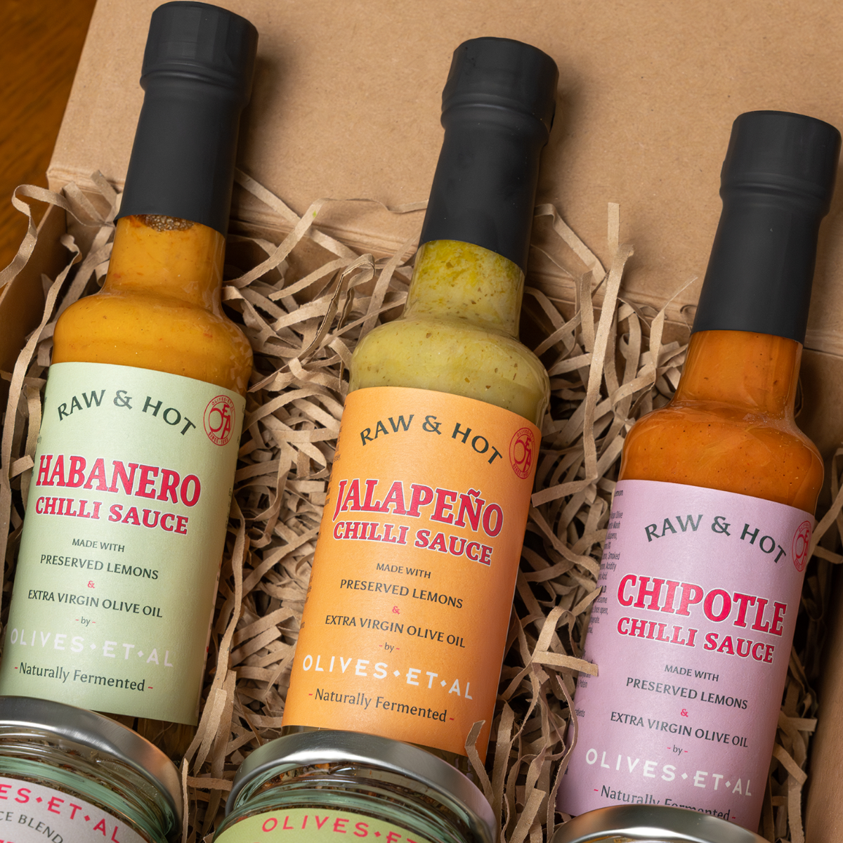 Olives Et Al - Raw & Hot Spice & Sauce Gift Set - Three bottles of Raw & Hot chilli sauces in a box 