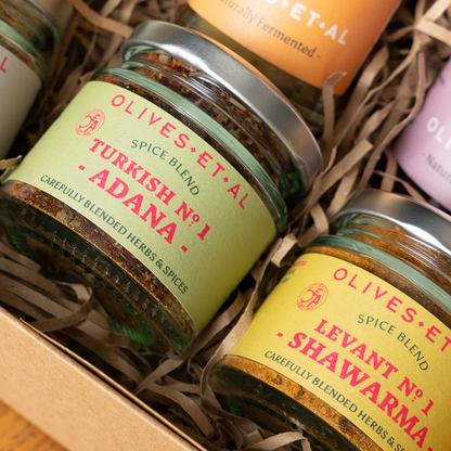 Olives Et Al - Raw & Hot Spice & Sauce Gift Set - Jars of spice blends in a box with visible labels.