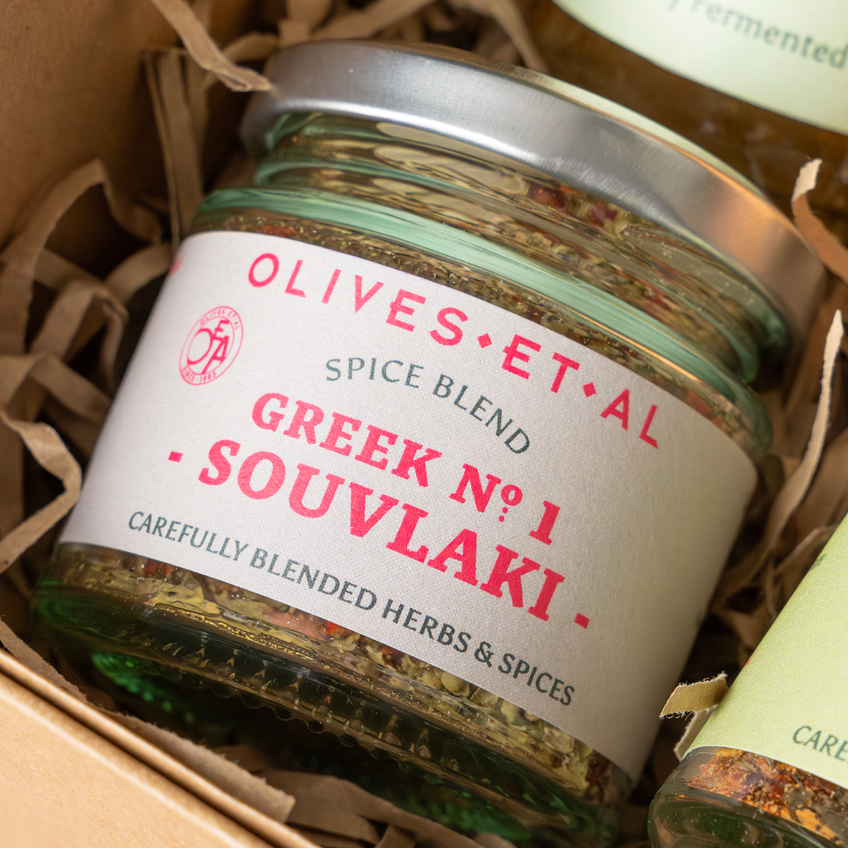 Olives Et Al - Raw & Hot Spice & Sauce Gift Set - Jar of Greek No. 1 Souvlaki spice blend in a box.