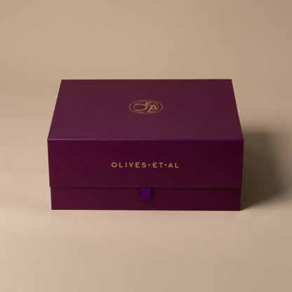 Small purple Olives Et Al gift hamper box and ribbon detail