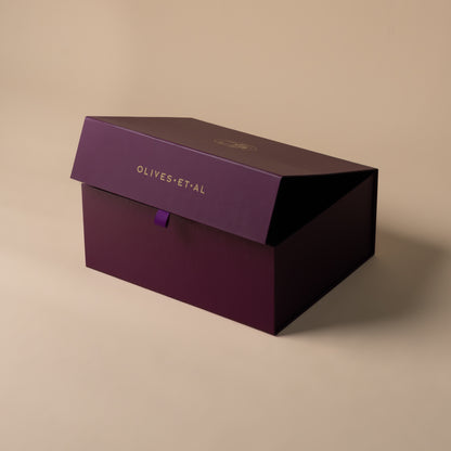Small purple Olives Et Al gift hamper box presentation detail