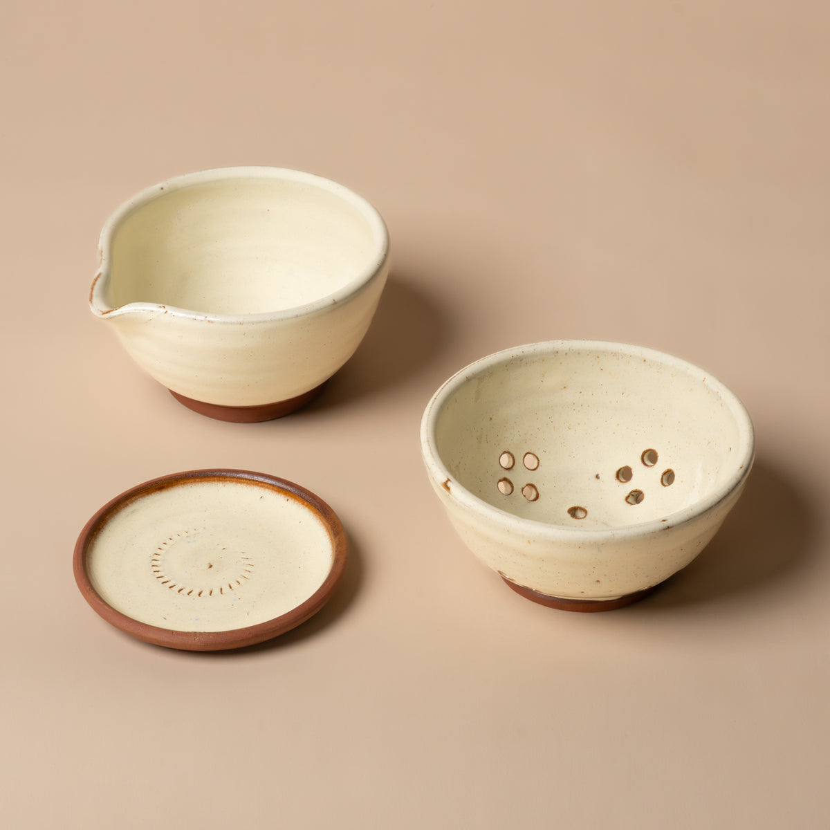 Three piece handmade ceramic Olive Bowl set with draining bowl, oil bowl and serving plate.
