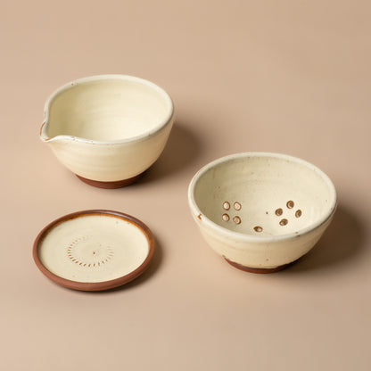 Three piece handmade ceramic Olive Bowl set with draining bowl, oil bowl and serving plate.