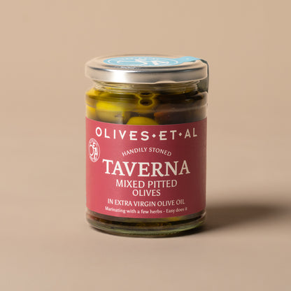 Jar of Taverna Mixed Pitted Olives in Extra Virgin Olive Oil