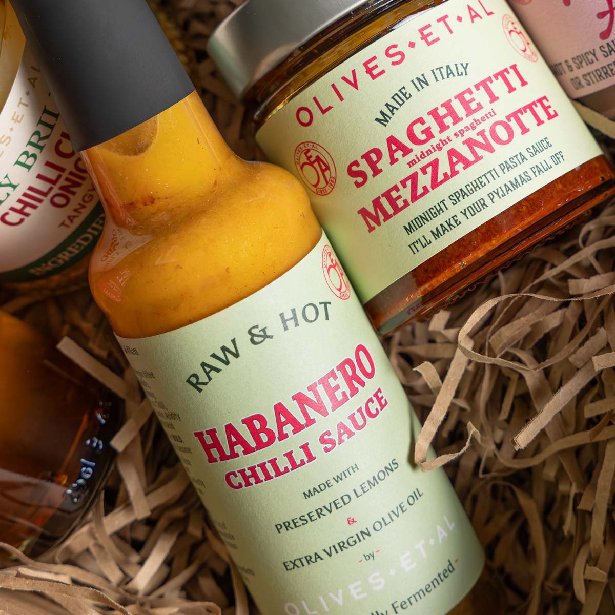 Olives Et Al - The Heat Seeker Gift Set - Bottle of Raw & Hot Habanero Chilli Sauce and Olives Et Al Spaghetti Mezzanotte