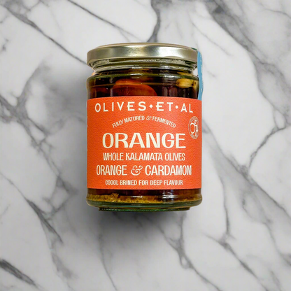 Jar of Orange & Cardamom whole Kalamata olives