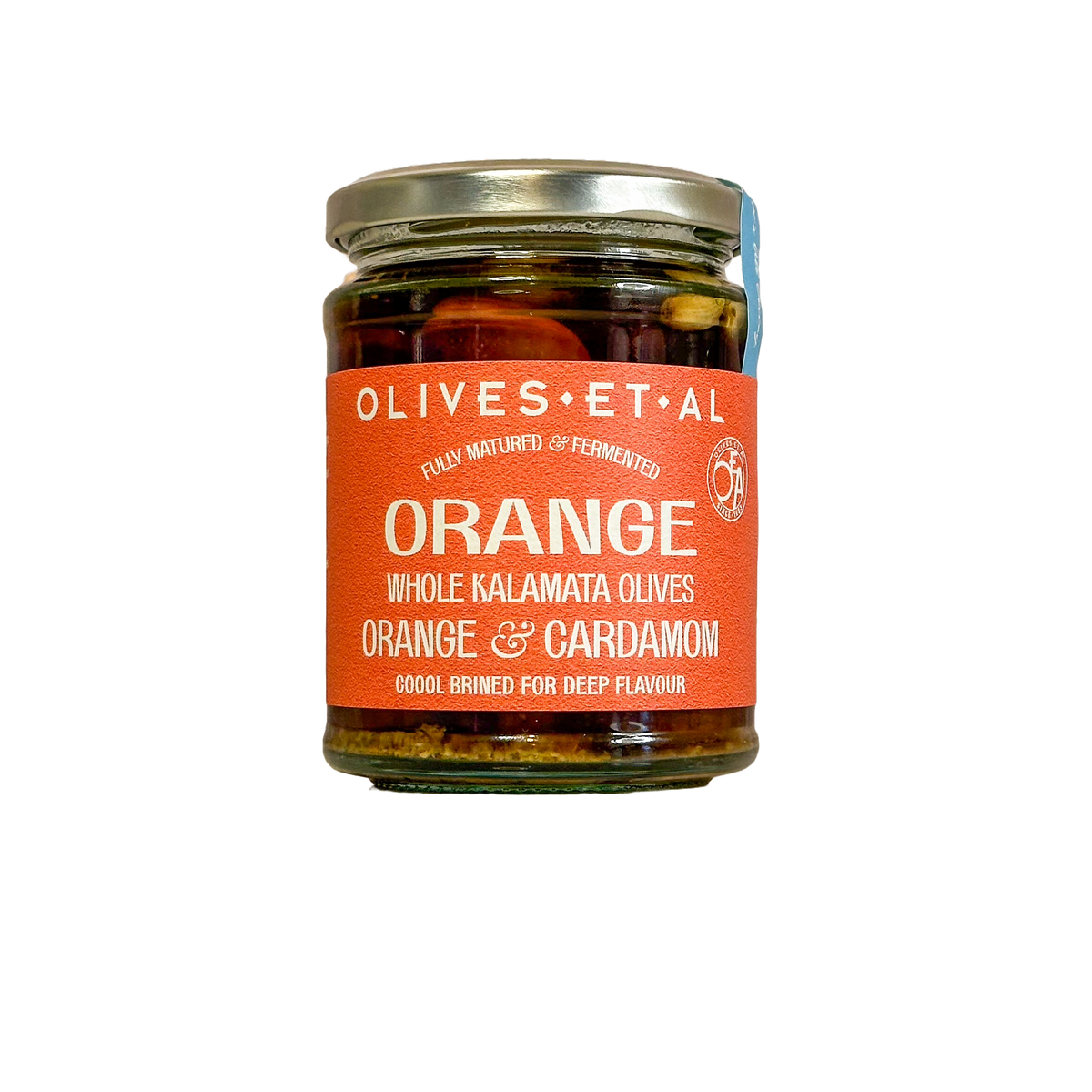 Cutout jar of Orange & Cardamom whole Kalamata olives