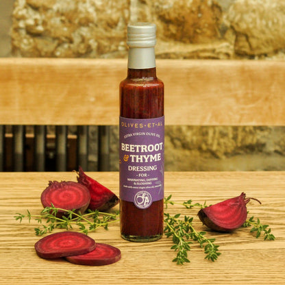 Beetroot & thyme dressing with extra virgin olive oil, earthy vegetable-based dressing made in the UK for salads, dips and marinades