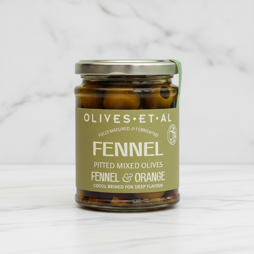 Fennel and orange mixed olives jar packshot with Olives Et Al branding