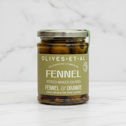 Fennel and orange mixed olives jar packshot with Olives Et Al branding