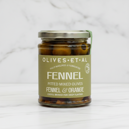 Fennel and orange mixed olives jar packshot with Olives Et Al branding