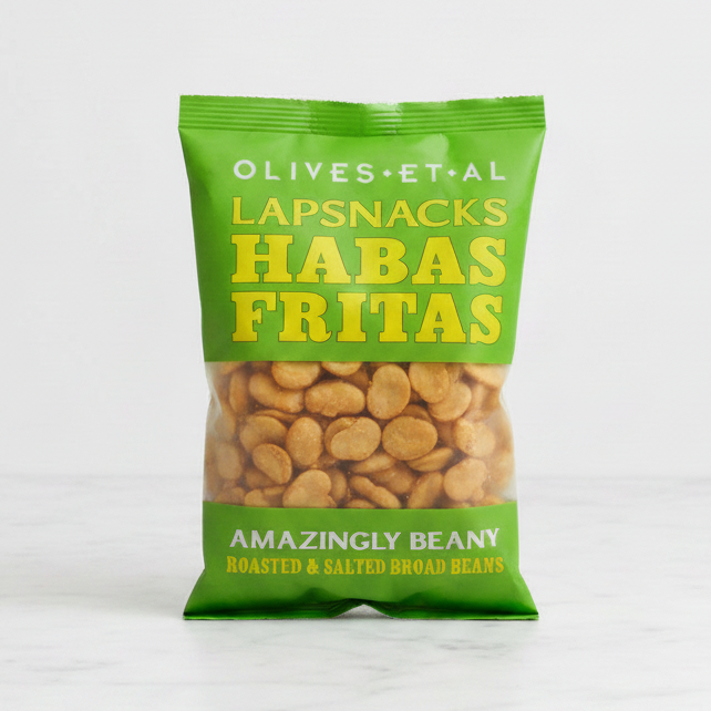 Green package of 'Habas Fritas' beans on a white background