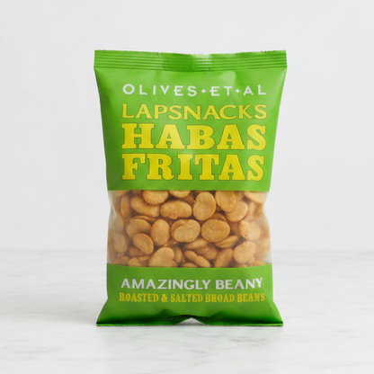 Green package of 'Habas Fritas' beans on a white background