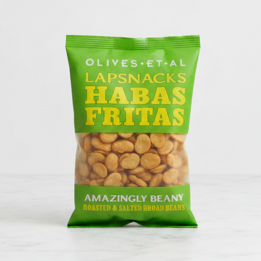 Green package of 'Habas Fritas' beans on a white background