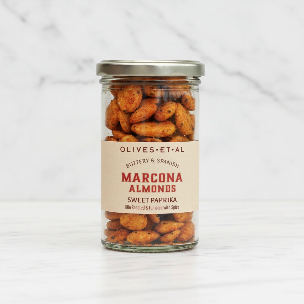 Jar of Marcona Almonds with a label on a white background