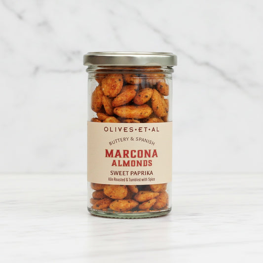 Jar of Marcona Almonds with a label on a white background