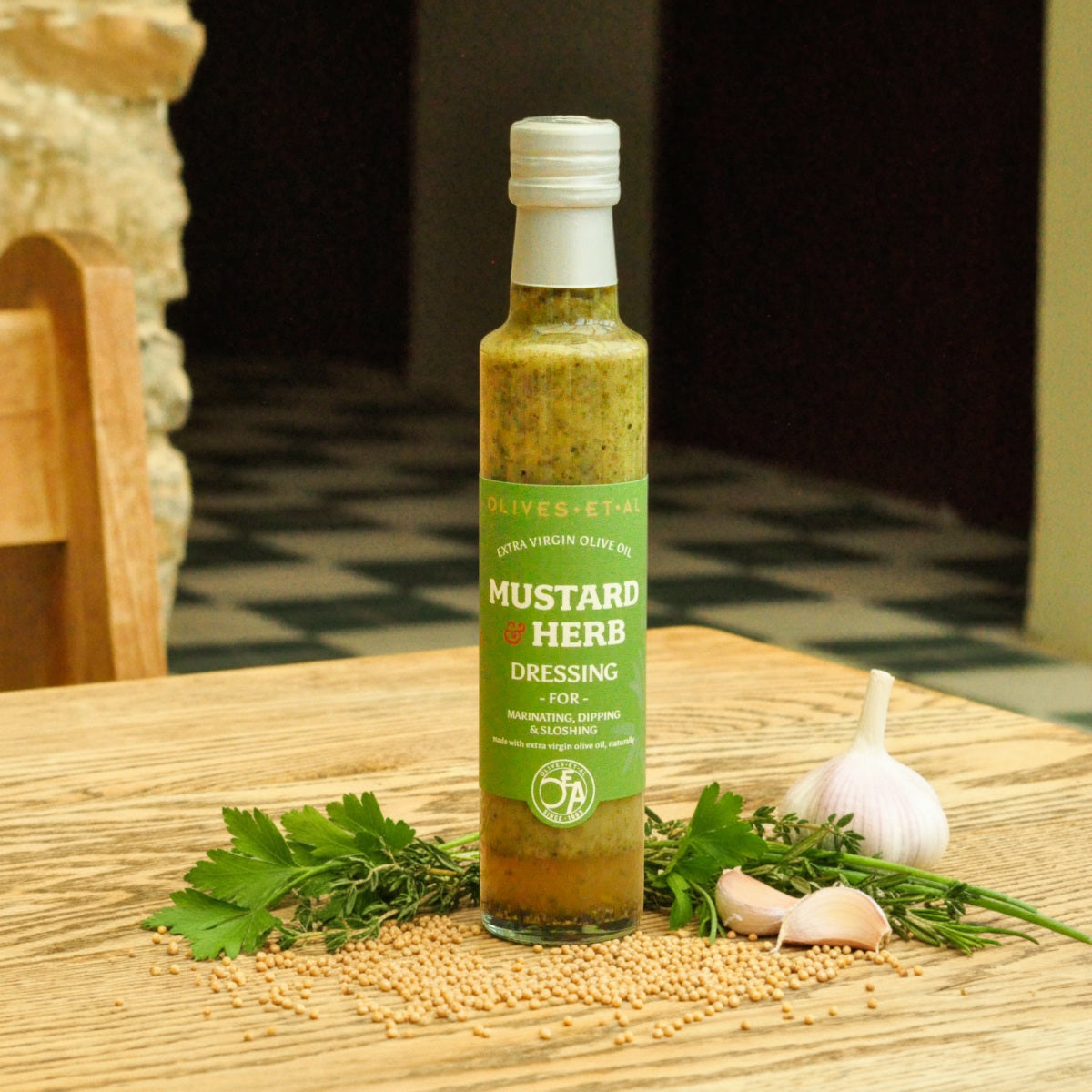 Mustard and herb dressing made with 100% extra virgin olive oil, UK-made Dijon vinaigrette with no seed oils